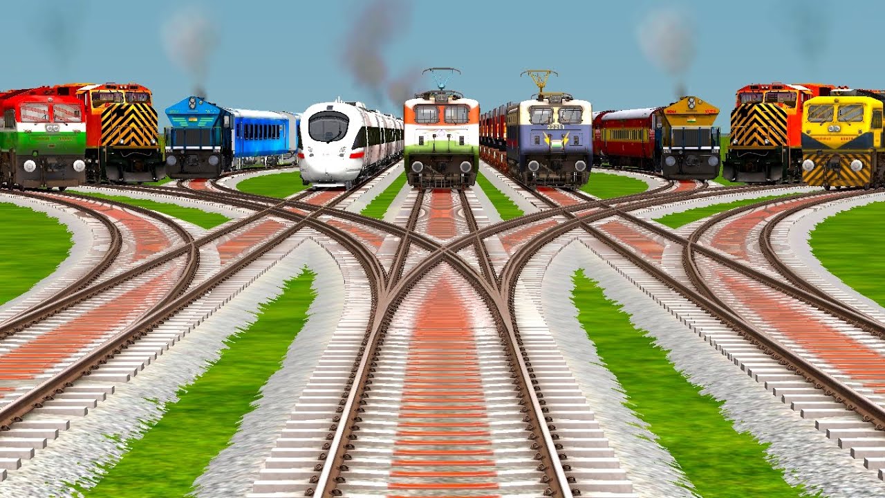 Nine_Trains Crossing For Curves☑️Branched Railroad Tracks | train cartoon | indian train simulator