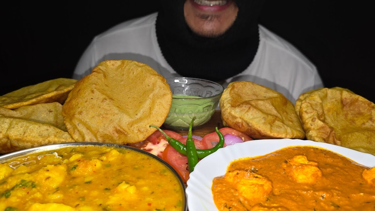POORI ALOO , SHAHI PANEER , CHUTNEY , GREEN CHILI AND SALAD | ASMR EATING |