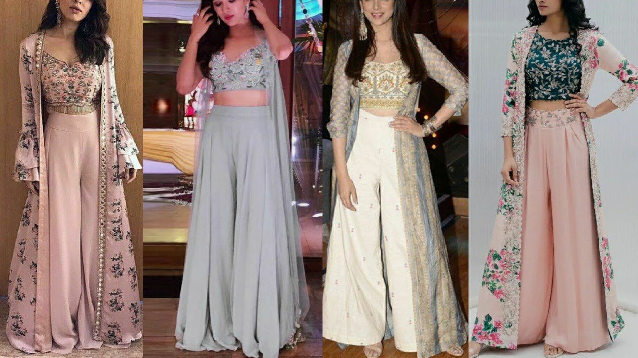 20+latest plazzo and crop top with long shrug/beautiful crop top with plazzo and long jacket