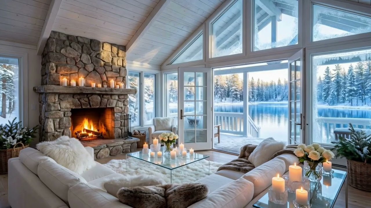 🌿 Serene Lake Piano | Fireplace & Cabin View for 8 Hours | Relax Sleep Focus Meditation Calm