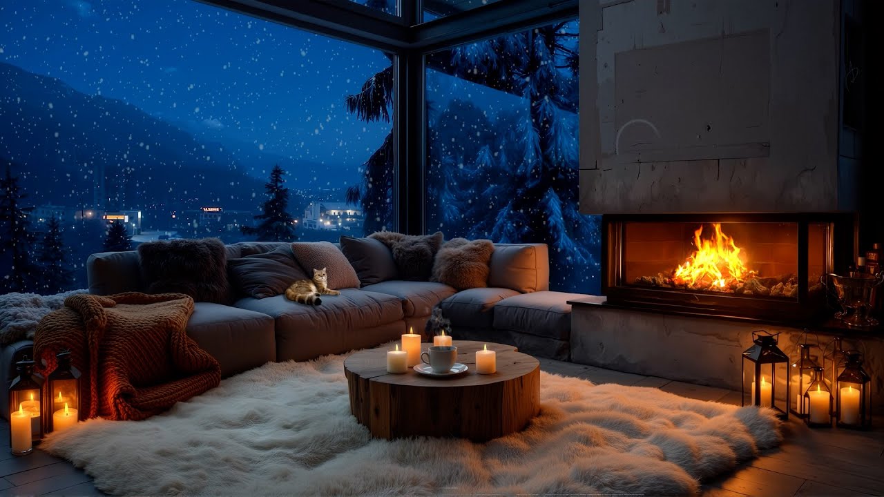 Cozy Winter Cabin Ambience ❄️ Fireplace & Snowfall Sounds Relaxing Piano Jazz for Deep Work & Sleep