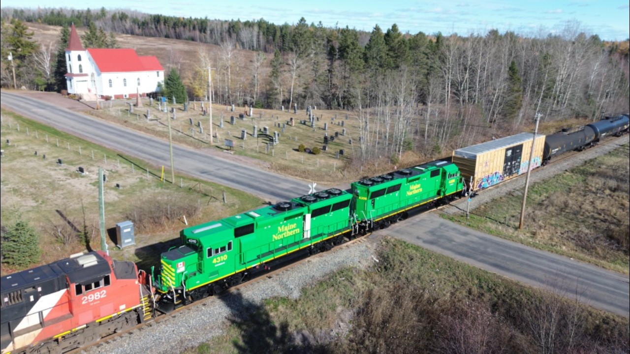 Nice Ground & Arial Views! CN Train 594 West at Boundary Creek, NB with more Rebuilt Geeps for NBSR