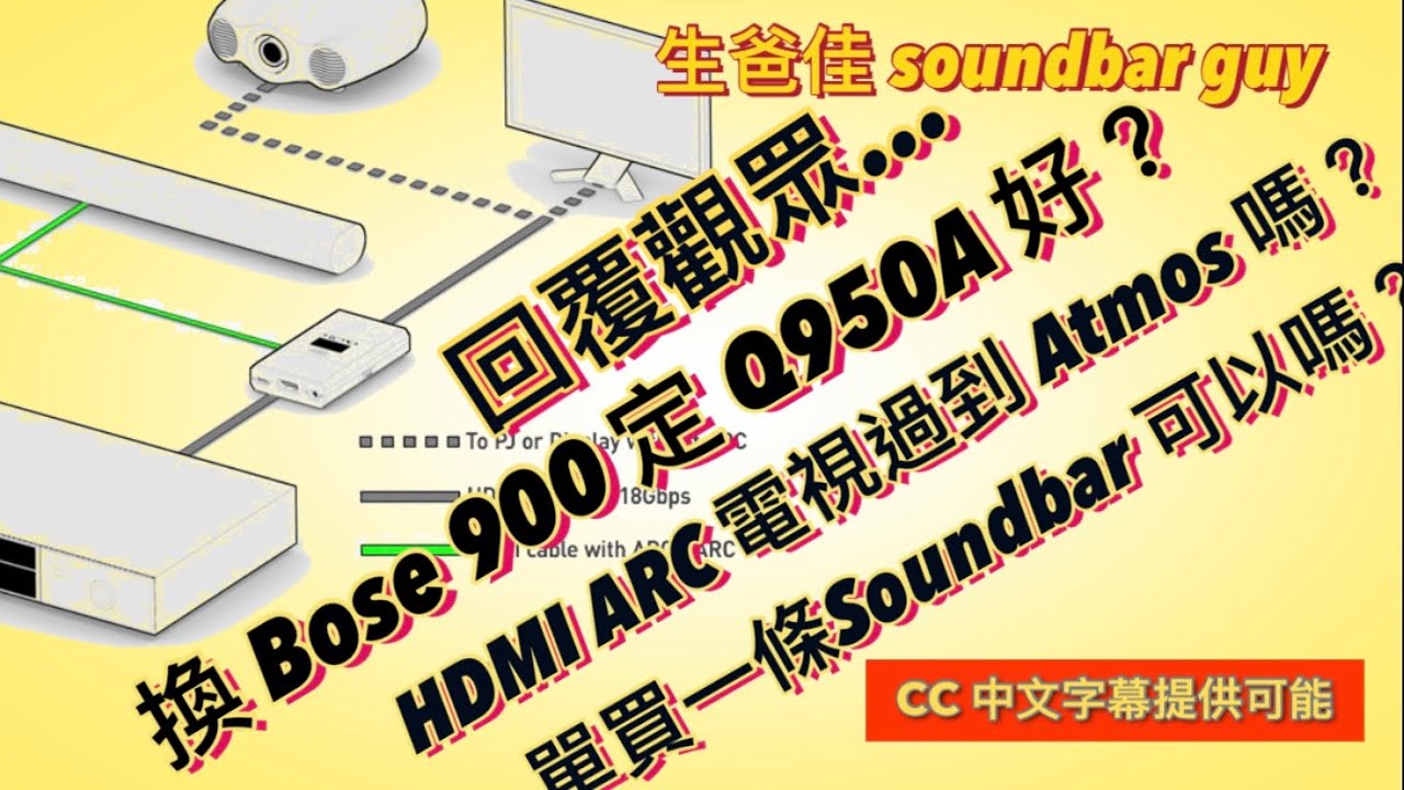 回覆觀眾：ARC 電視聽到 Atmos 嗎？單買一條Soundbar 可以嗎？Bose Soundbar 300 換 900 定 Q950A? 中文字幕