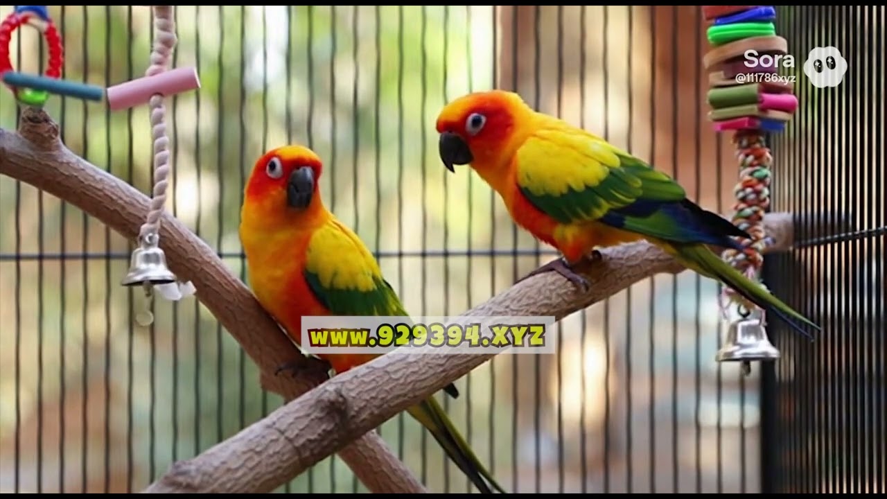 Sun Conure ParrotsHappily Playing with Toys - Aratinga Solstitialis Parrots Funny Enjoyoing in Cage