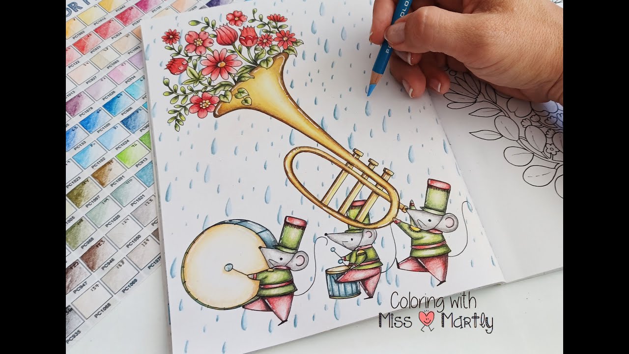 Coloring Tutorial: A million cute animals by Lulu Mayo | Mice with Trumpet | Prismacolor Pencils