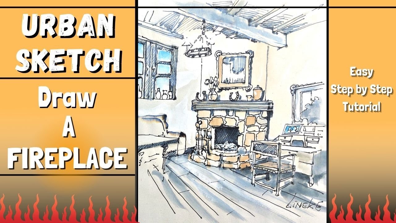 Urban Sketching - Interieur drawing perspective and Fireplace