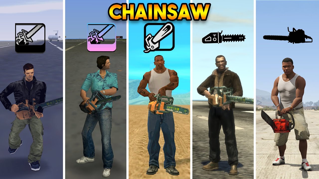 CHAINSAW WEAPON IN EVERY GTA GAME ! (GTA 5 VS GTA 4 VS GTA SAN VS GTA VC VS GTA 3)