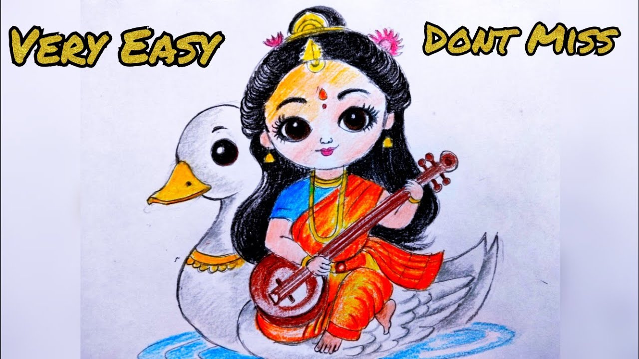 Easy Saraswati Drawing for Kids | Step-by-Step Tutorial
