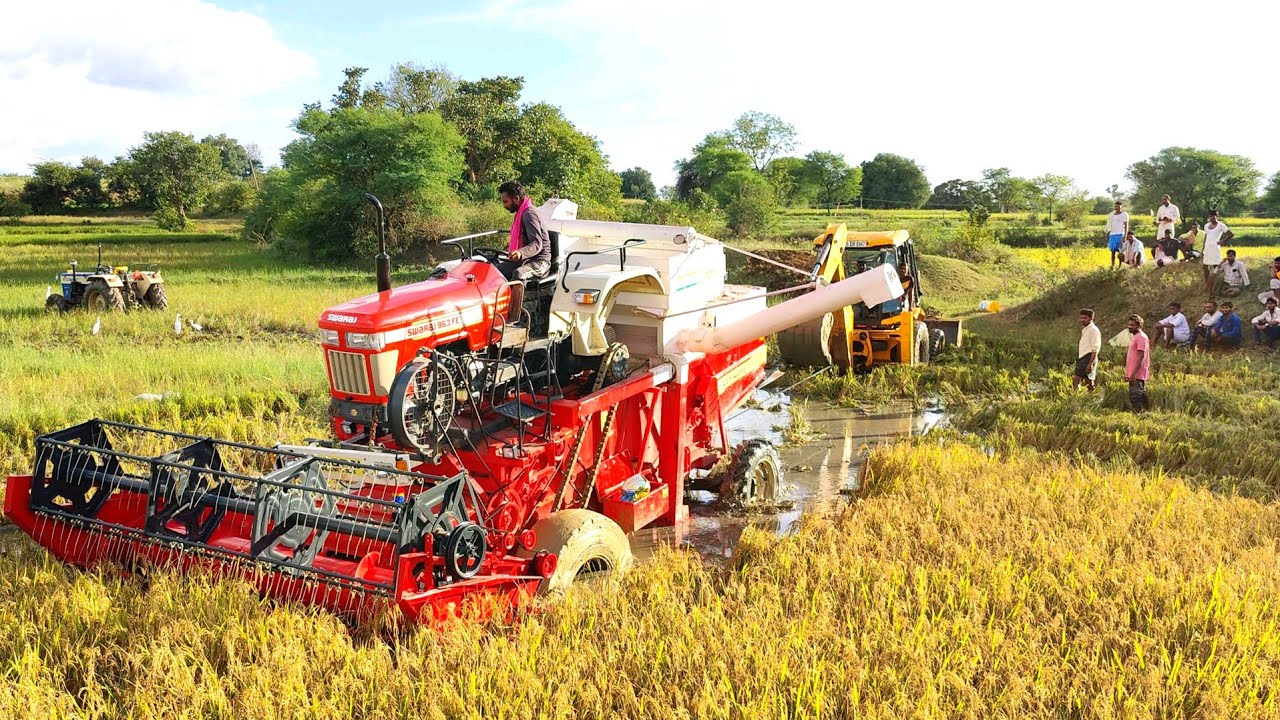Swaraj 963FE harvester stuck in mud Rescued by jcb and jcb stunt |harvester videos|