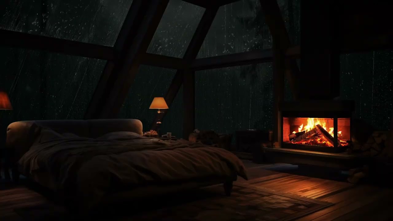 Wrapped in silence as rain gently falls around a secluded forest cabin at night