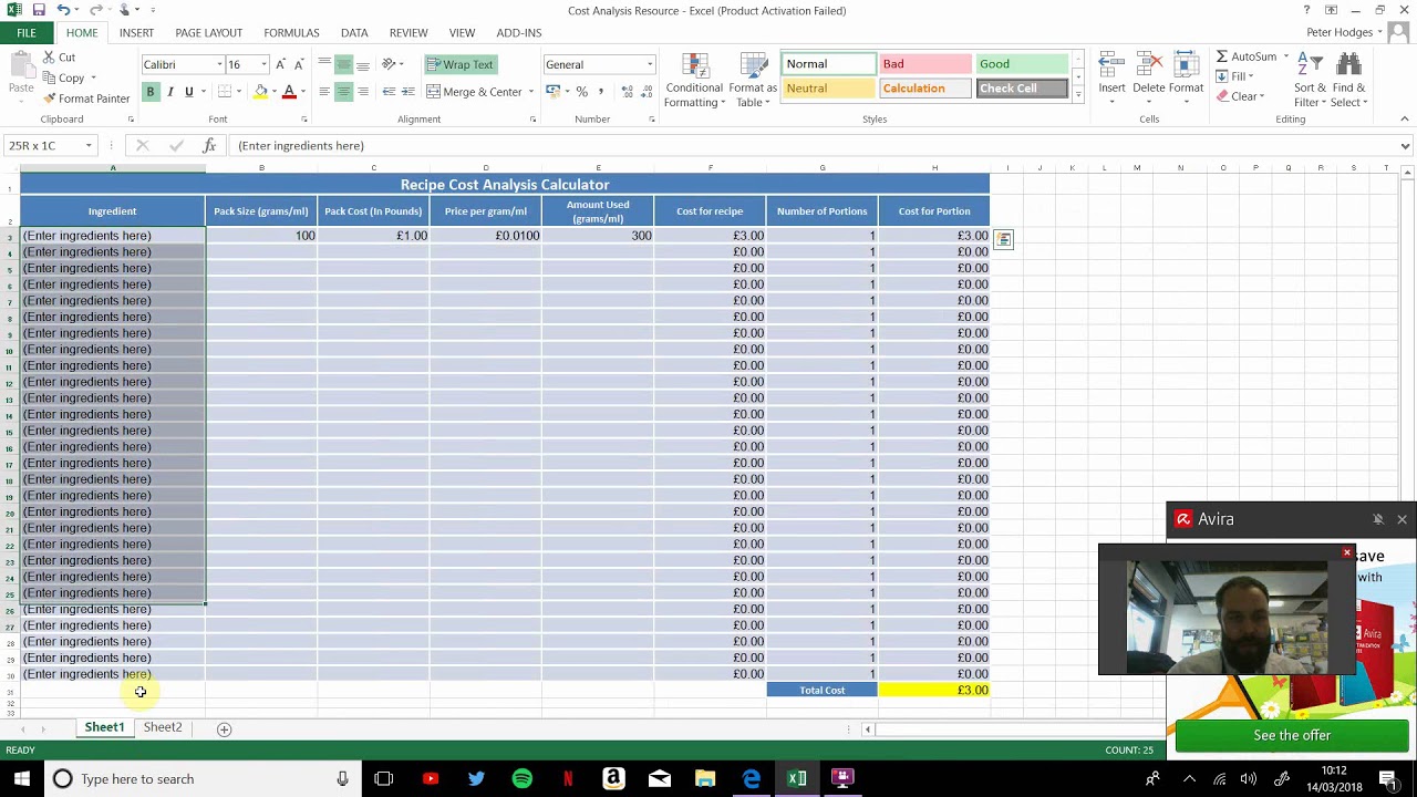 Designing a Recipe Cost Calculator on Microsoft Excel