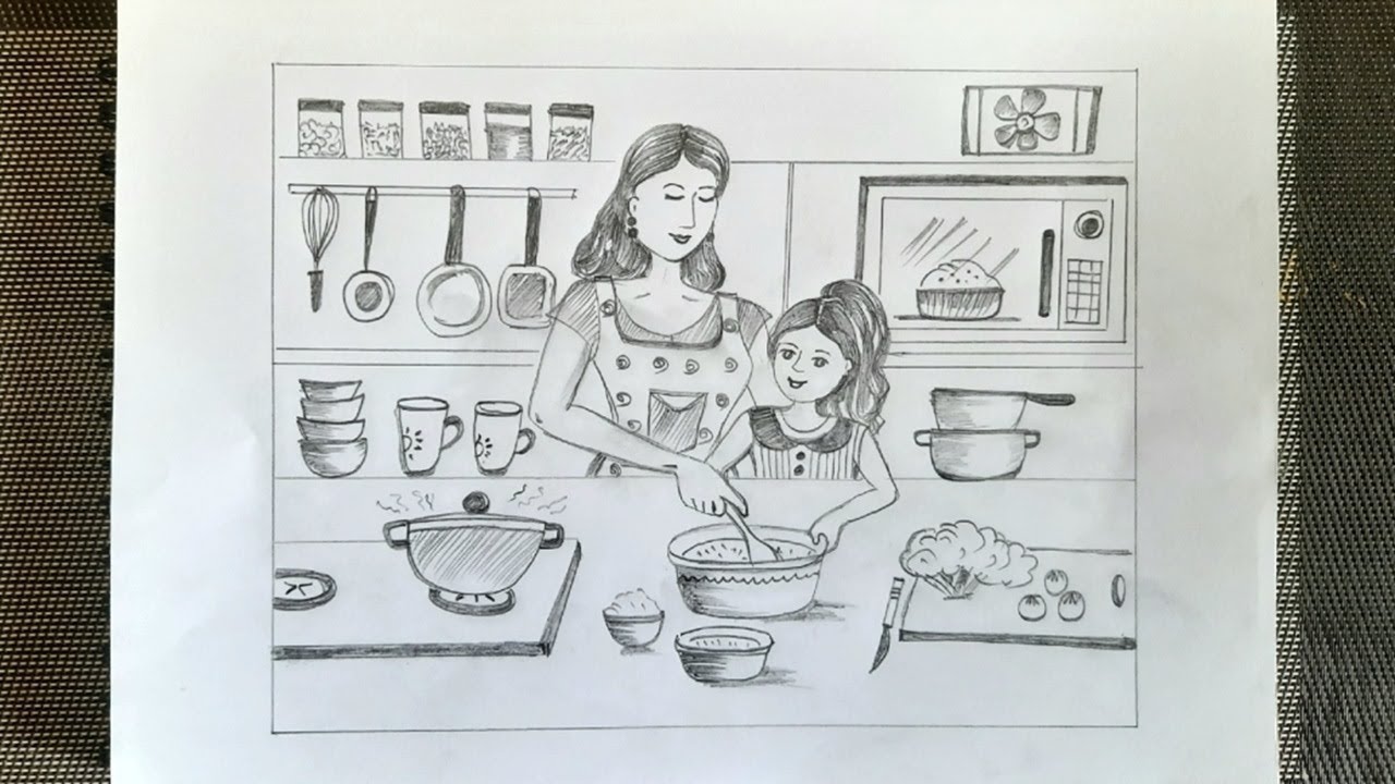 Mother and daughter cooking in kitchen room drawing | Mother's day pencil drawing for beginners