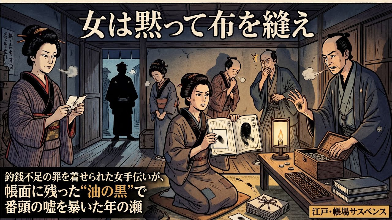 「女は黙って布を縫え」――釣銭不足の罪を着せられた女手伝いが、帳面に残った“油の黒”で番頭の嘘を暴いた年の瀬