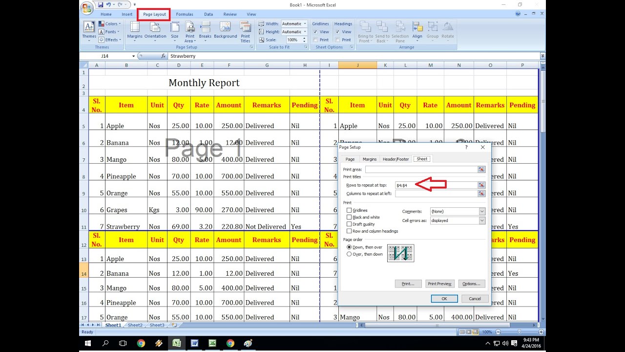 How to Repeat Rows & Column on All Excel Pages (Row on Top)