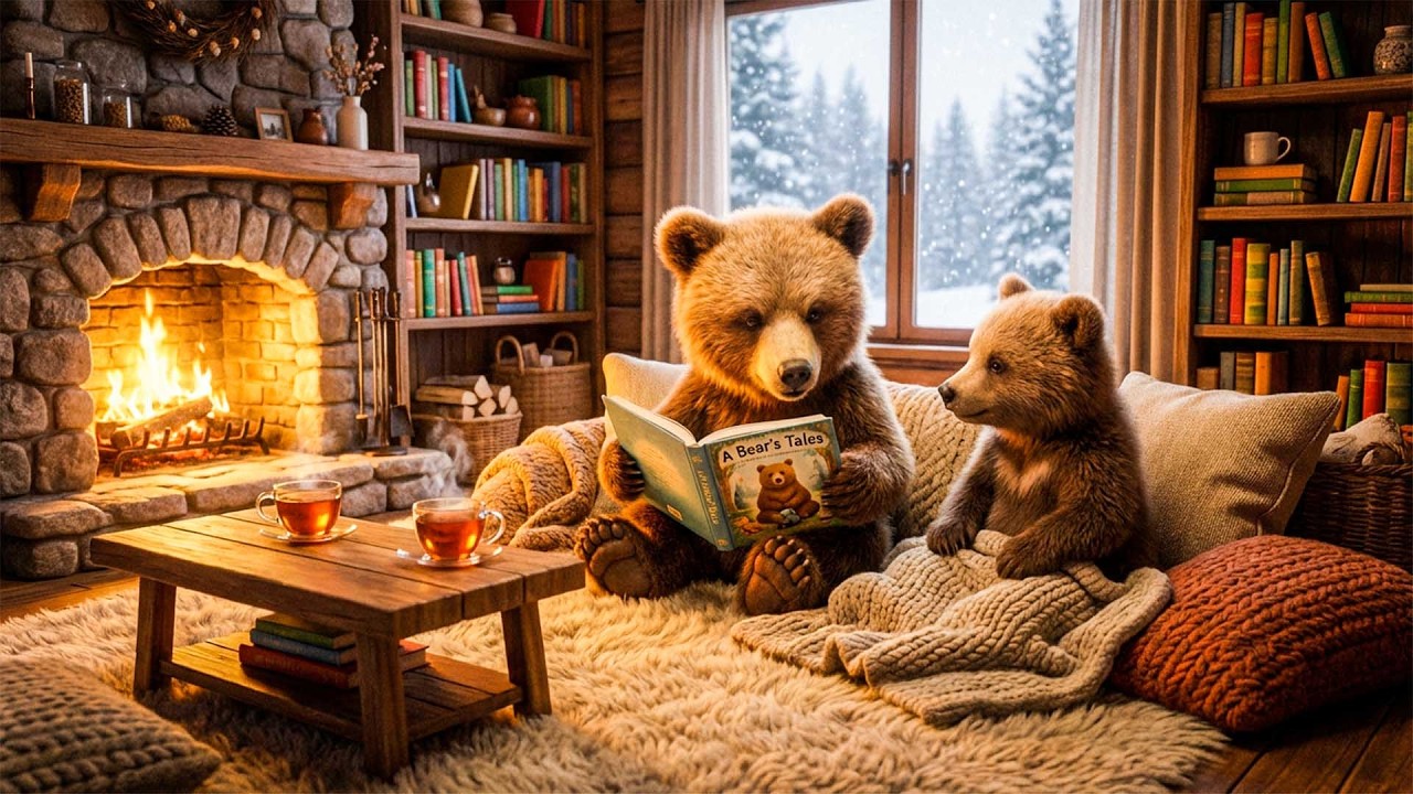 Bear’s Cozy Storytime Den 🍯 Soft Fantasy Music • Fireplace & Snowy Ambience for Relaxation & Bonding
