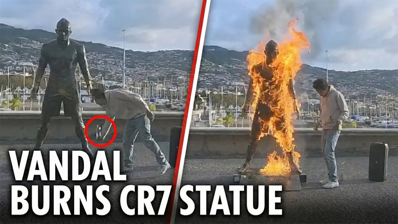 Bizarre moment vandal films himself TORCHING Cristiano Ronaldo statue and performing crazy dance