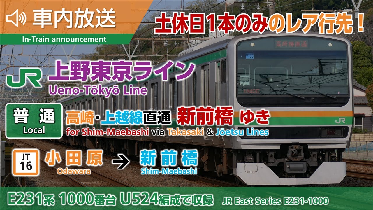【土休日1本のみ】上野東京ライン 高崎・上越線直通 新前橋ゆき 小田原→新前橋