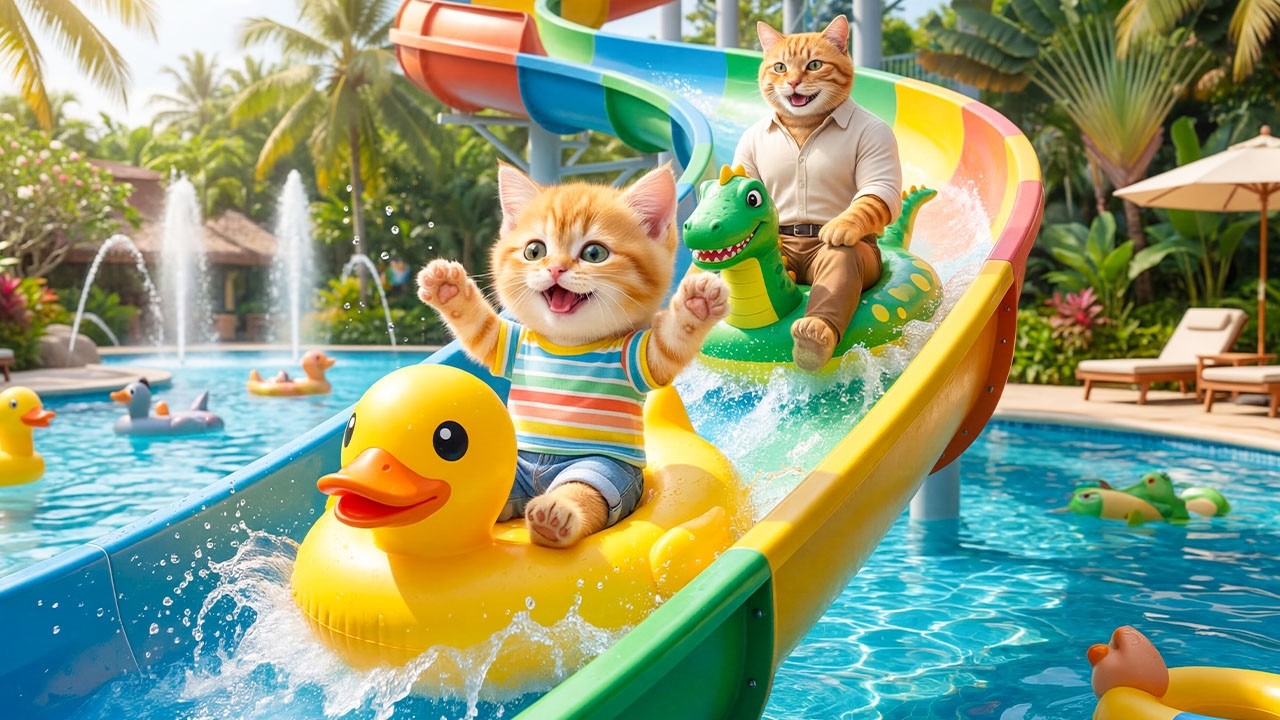 🎓🐱 Efforts Pay Off! Golden Kitten Gets High Scores and Enjoys a Fun Water Park Trip with Daddy Cat