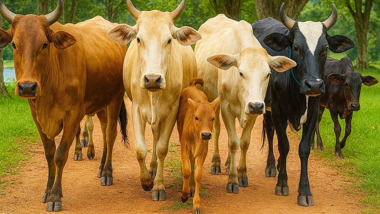 Puluhan sapi berjalan menuju padang rumput hijau, Suara Sapi Moo, Aktivitas sapi lucu di ladang