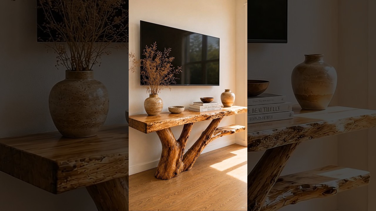 DIY Rustic Wooden TV Stand from Natural Tree Trunk 😍 #diy #homedecor