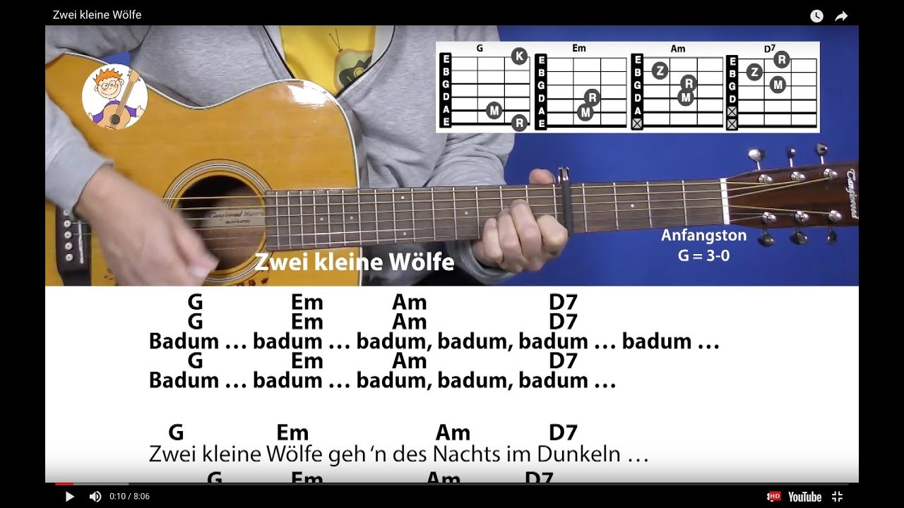 Zwei kleine Wölfe, Kinderlied mit 2 neuen Strophen, Akkorden & Text für Gitarre