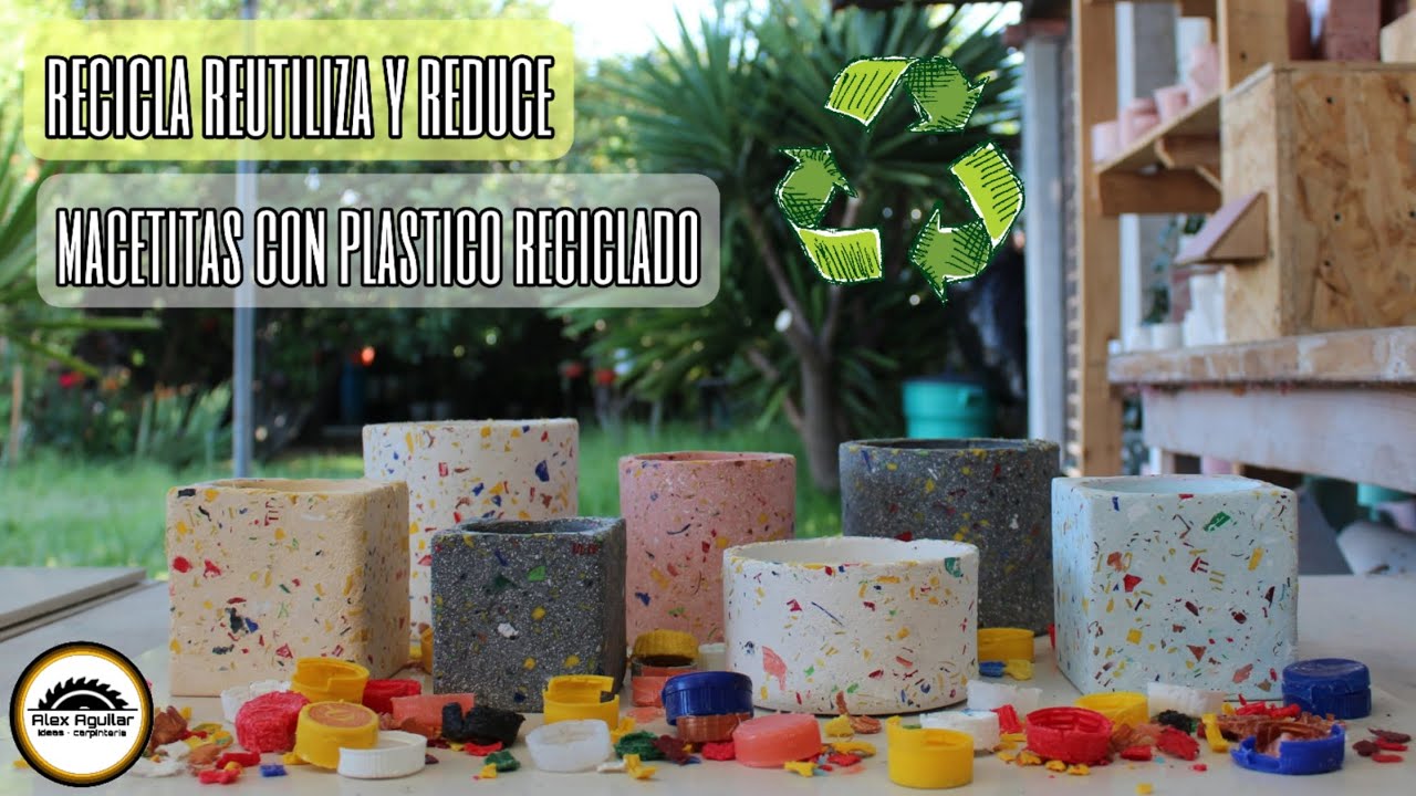 Como hacer macetas de cemento con tapitas de plastico reciclado | Terrazo con plastico molido ♻️