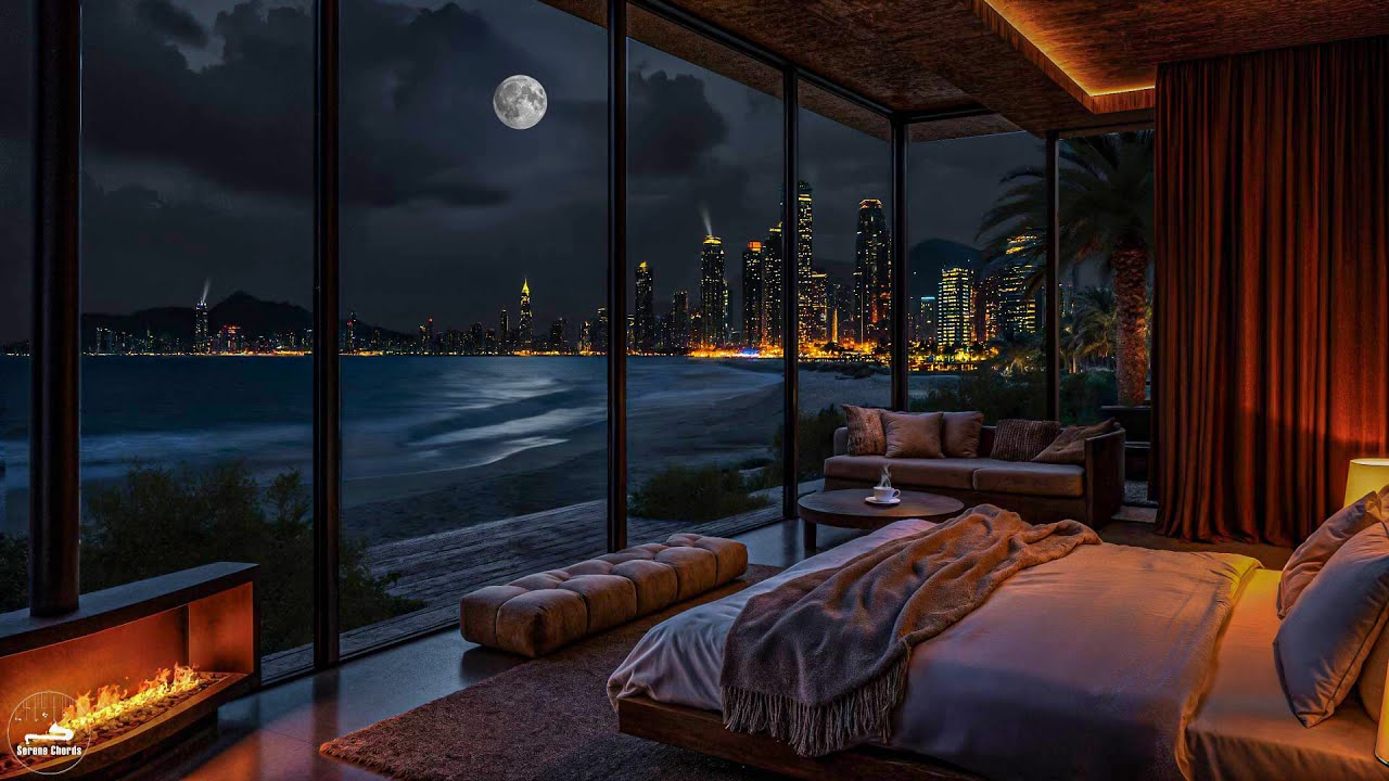 Serene Jazz Rhythm For A Peaceful Evening By The Sea - Gentle Jazz In A Luxurious Bedroom Space