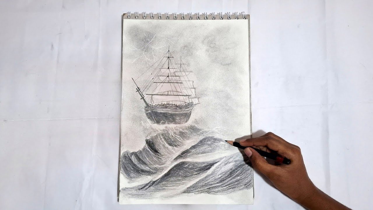 Ship on a stormy sea pencil drawing 