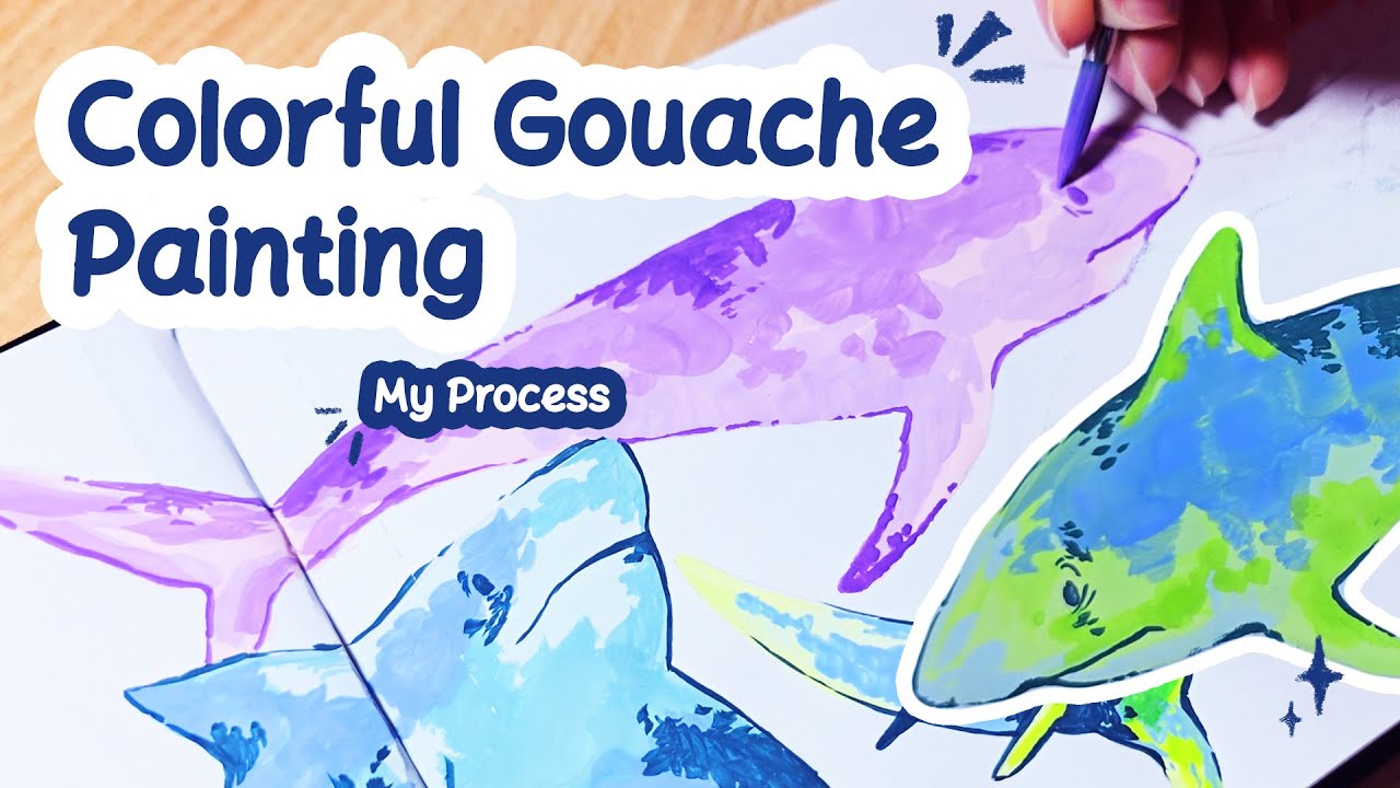 Painting Colorful Sharks 🌊 | Gouache Painting Process 🎨✨