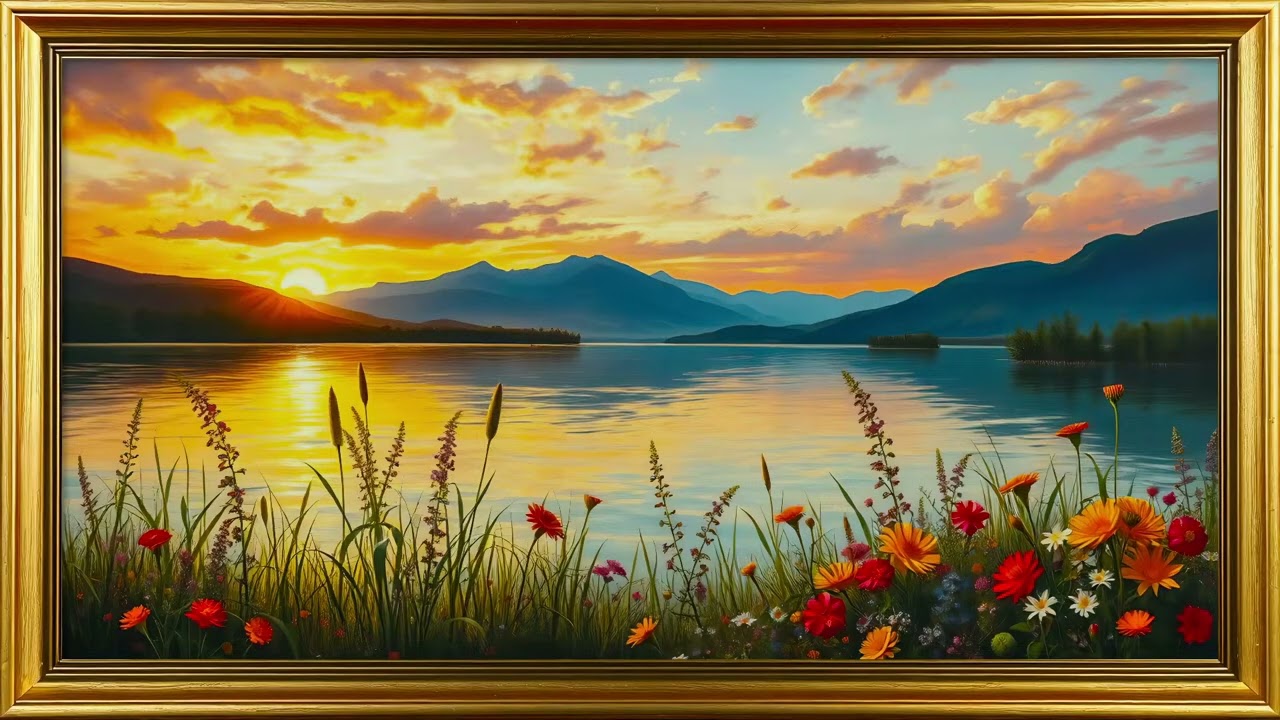 Samsung Frame TV Art 4K | Golden Sunset Lake & Flowers Gold Frame | 2 Hours Free Gallery Screensaver