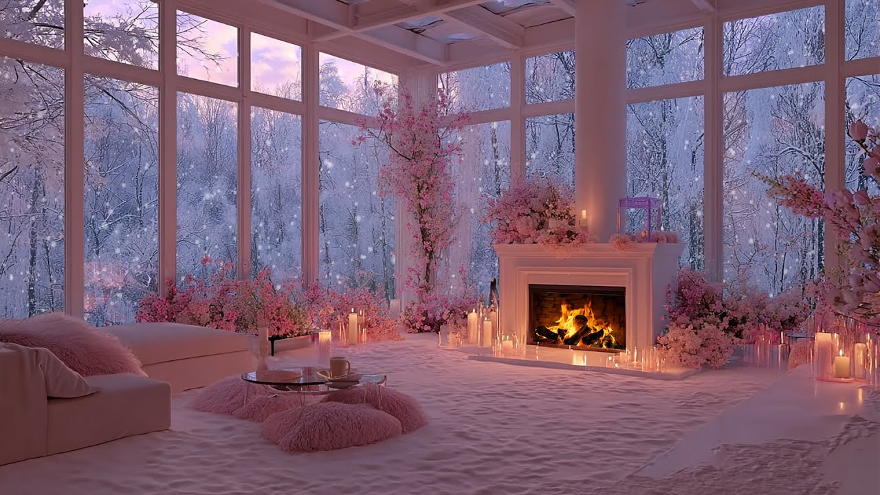 Luxury Pink Winter Villa Ambience ❄️ Relaxing Piano Music & Fireplace for Sleep