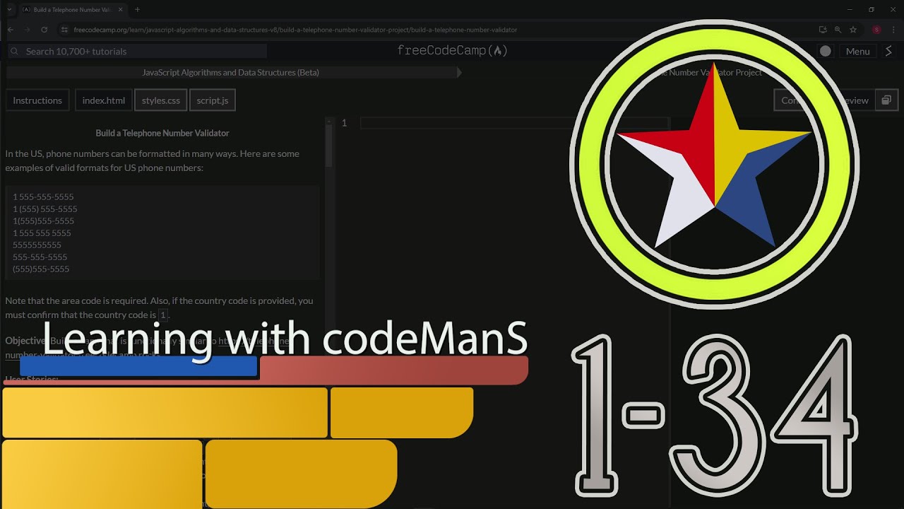 Проект создания валидатора телефонных номеров: история 1–34 | freeCodeCamp | JavaScript | (бета-в...