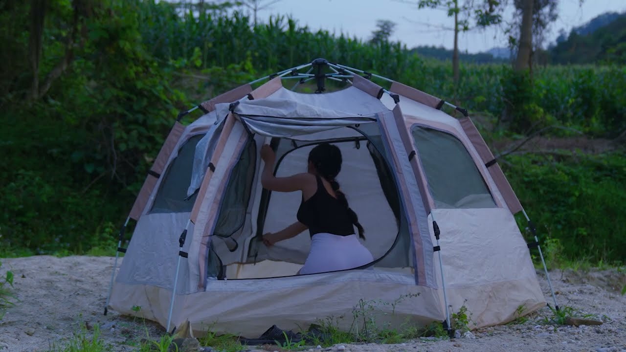 Camping alone in the forest - pitching a tent and relaxing to the sound of flowing streams