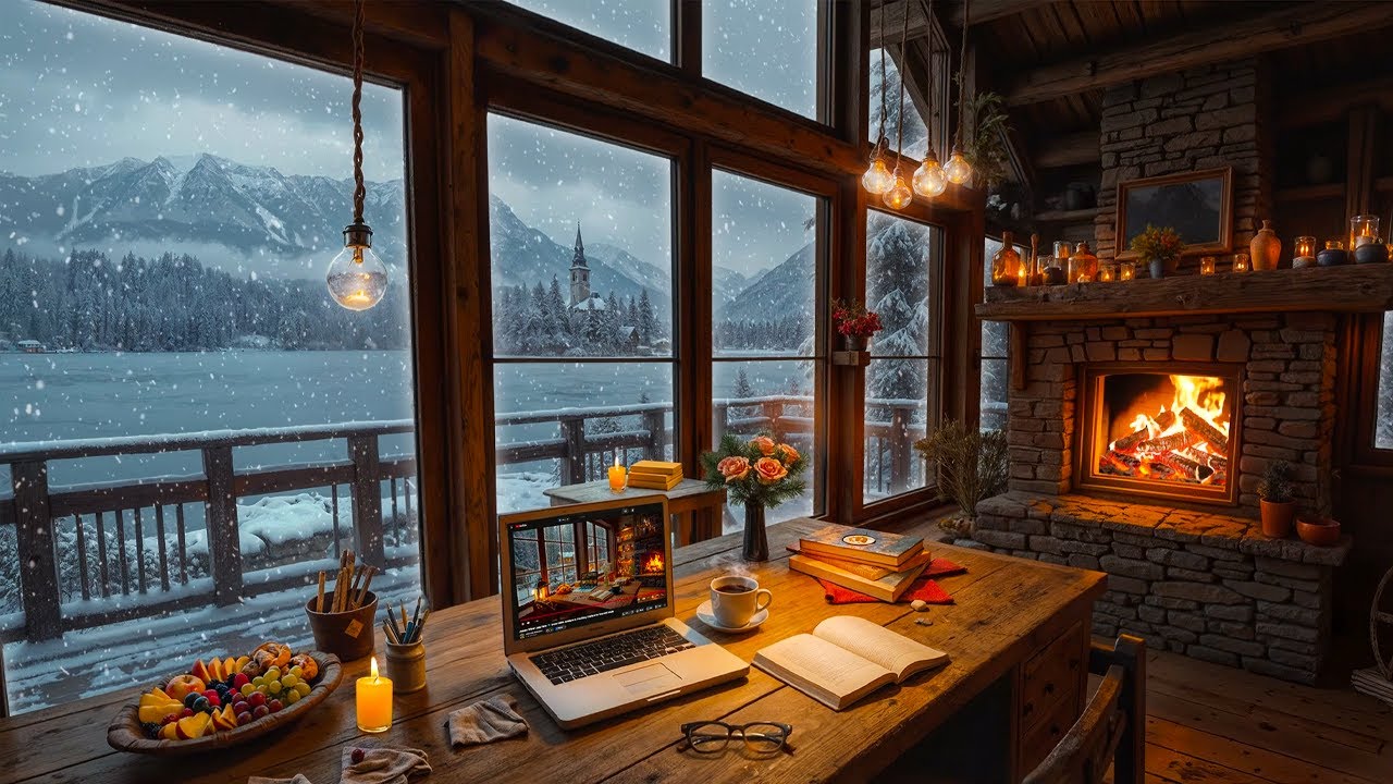 Snowy Winter Wooden Cabin ❄️ Calm Jazz Piano with Fireplace Sounds for Study, Work & Relax