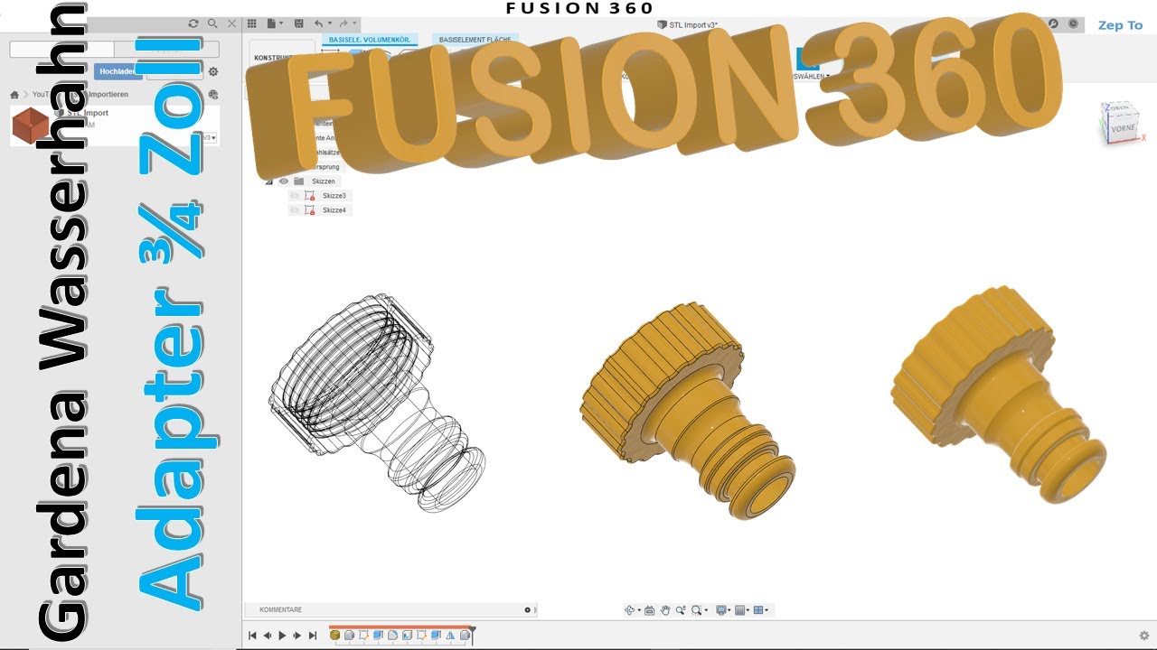 Fusion 360 Gardena 3/4 Zoll Wasserhahn Adapter - Drehen - Gewinde - Anordnen - Teilen - Zep To