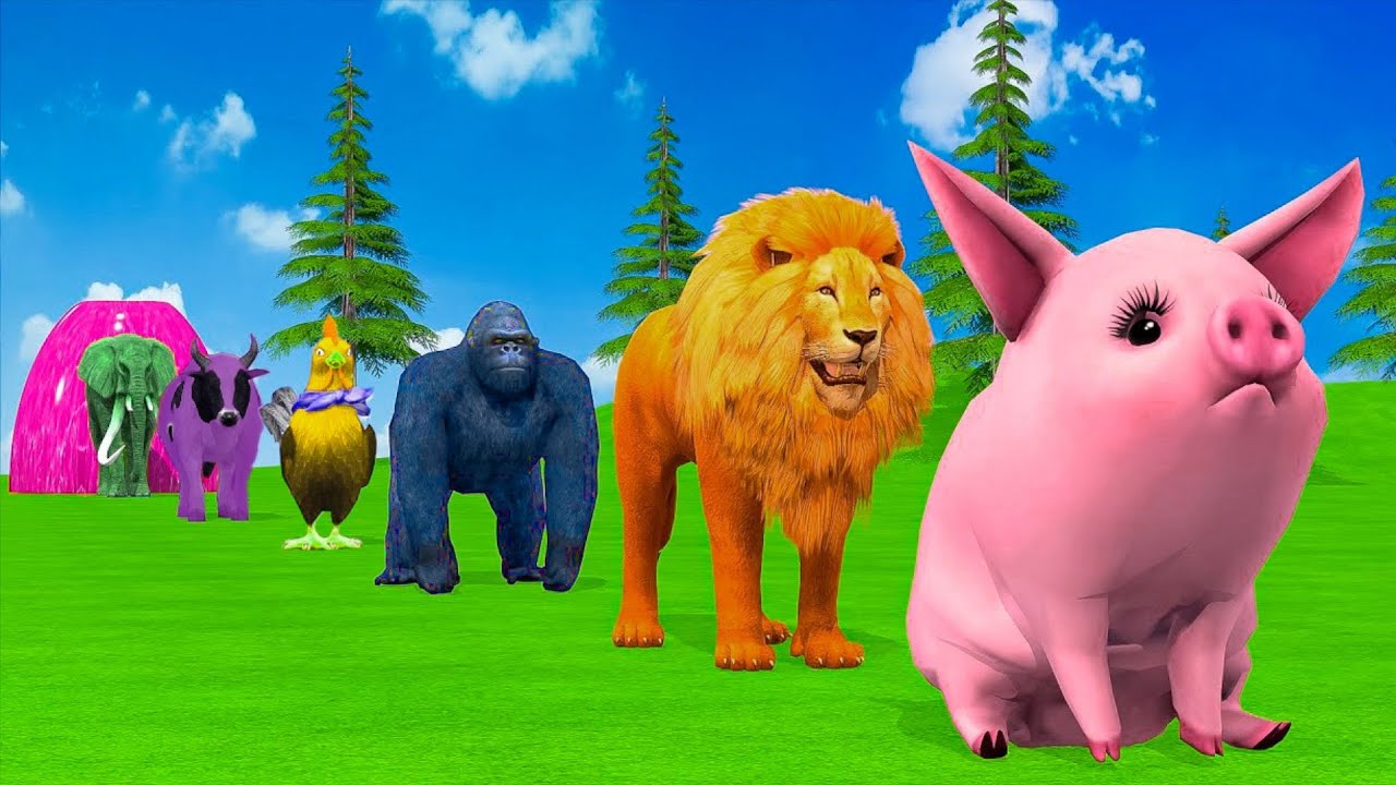 Long Slide Game With Elephant Gorilla Buffalo Hippopotamus Tiger - 3d Animal Game - Funny 3d Animals