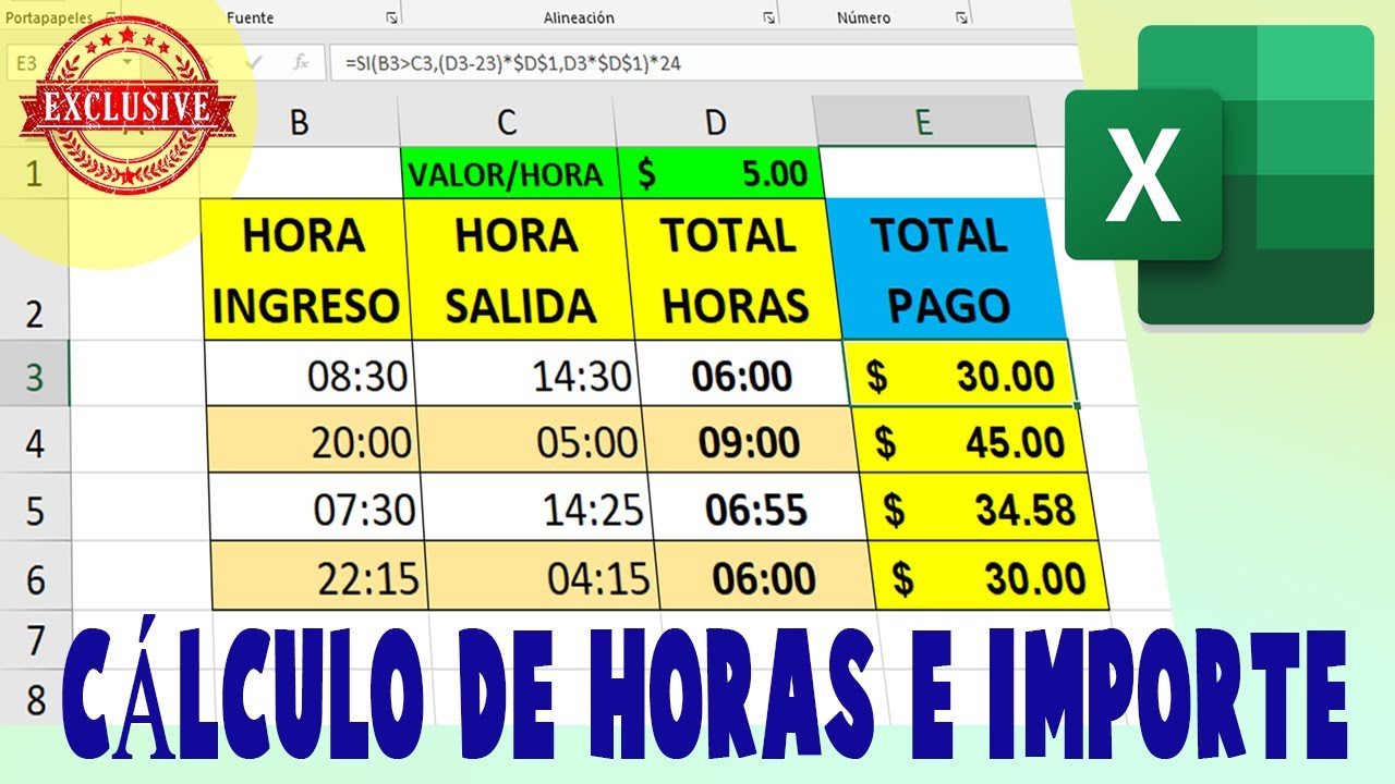 Cálculo de HORAS en Excel y Multiplicar por el valor de Hora