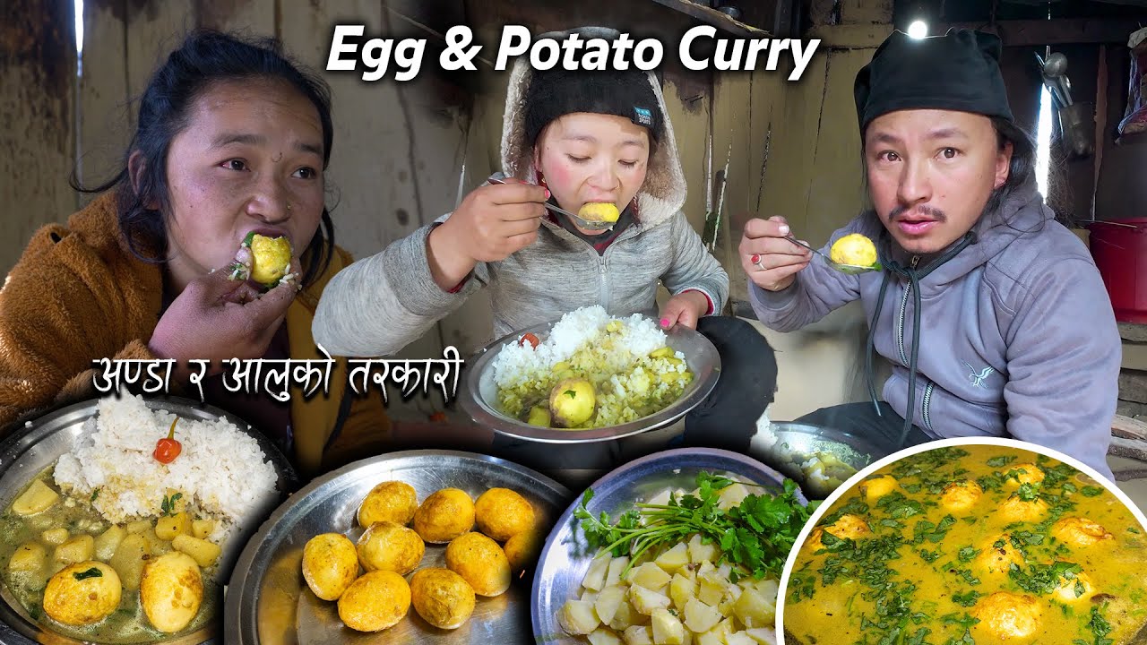 Egg & Potato mix Recipe curry with rice cooking & eating in my Village kitchen || Village food Vlog