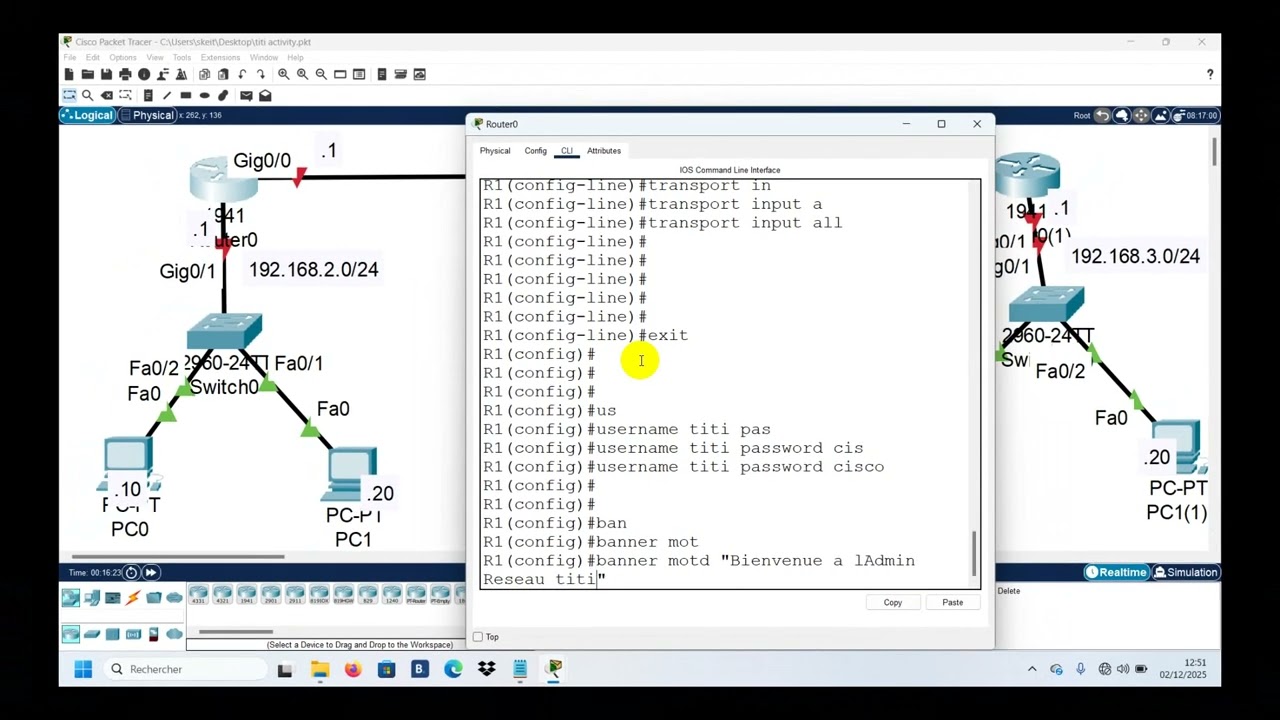 🌐 Configuration réseau de base avec Cisco Packet Tracer