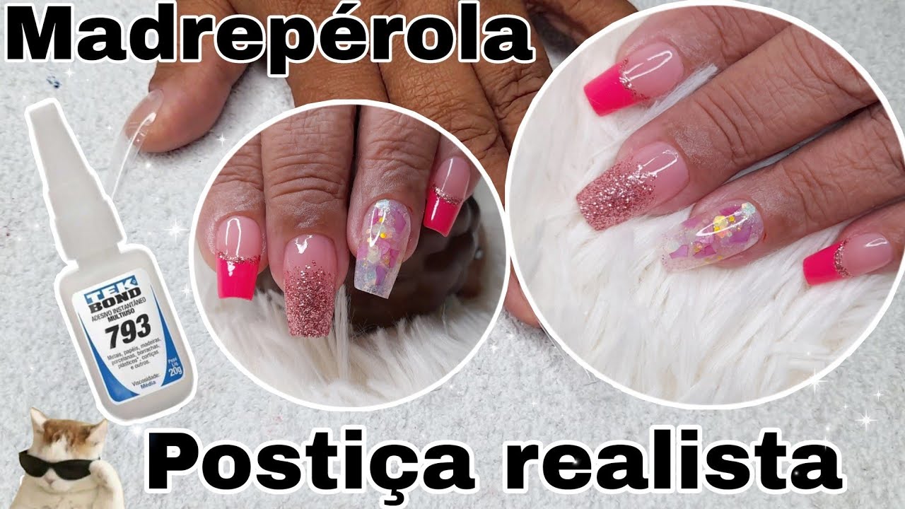 Postiça realista com glitter/encapsulado fake com madrepérola e tek bond