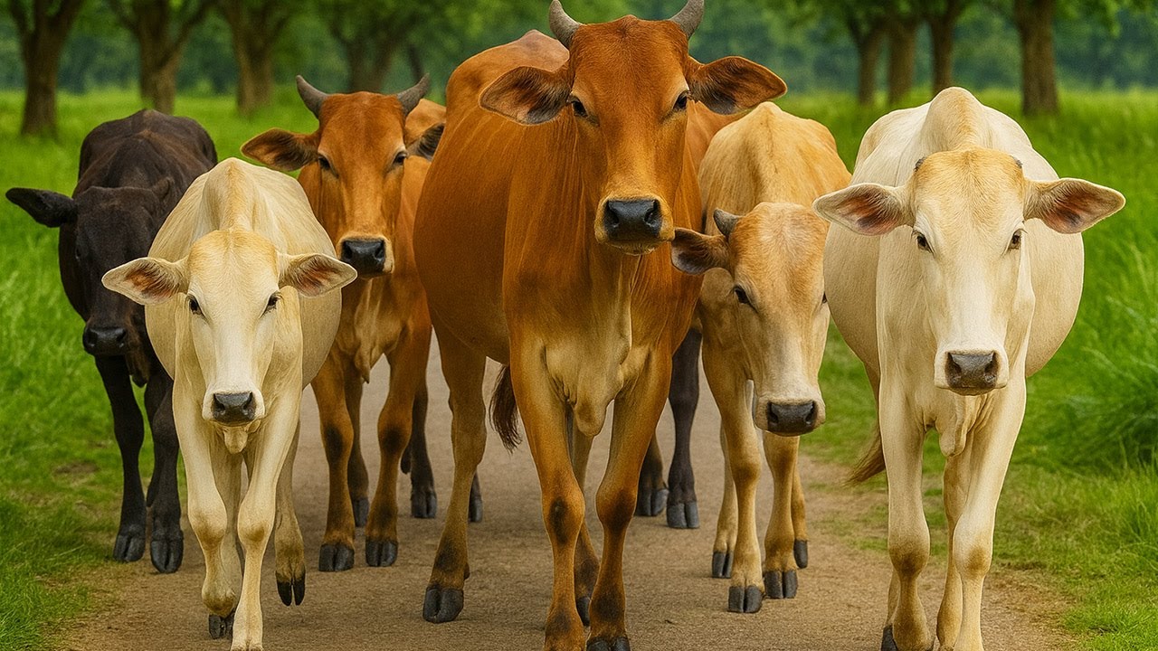 Aktivitas sapi lembu di pagi hari berjalan menuju ladang, Suara Sapi Moo, Puluhan sapi lucu berjalan