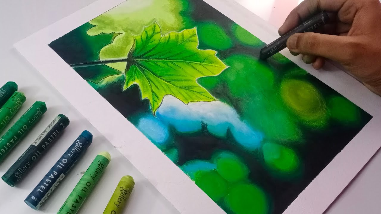 Leaf oil pastel drawing | how to draw leaf with oil pastel colors step by step | bokeh mode drawing