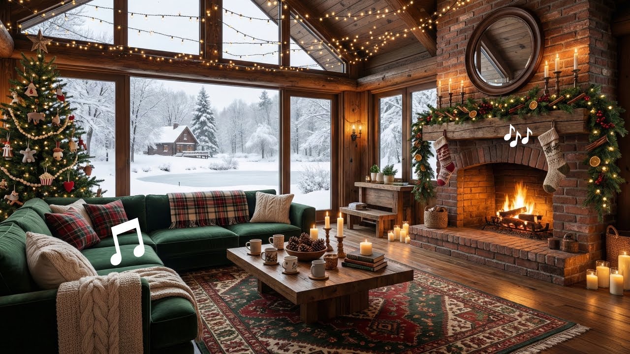 🎶❄️ Relaxing Winter Music & Cabin Ambience | Crackling Logs in Fireplace | Cozy Coffee Shop Music