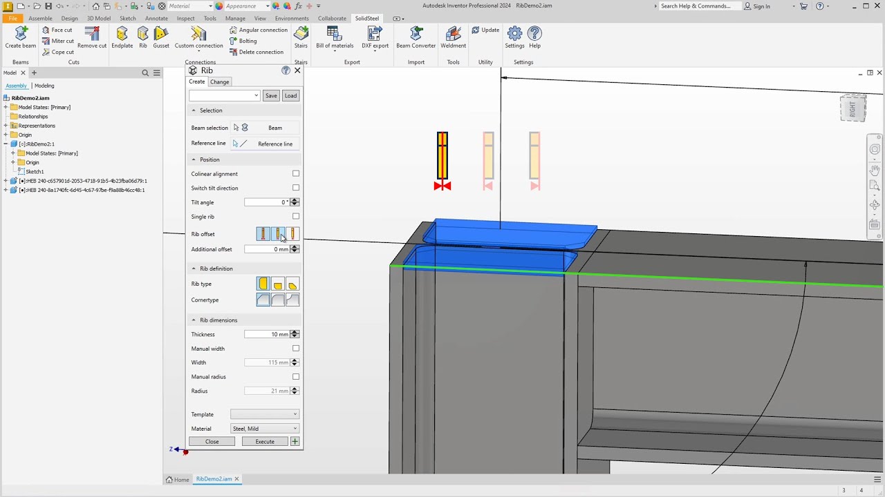 Ribs in structural steel design with Autodesk Inventor – SolidSteel parametric tutorial