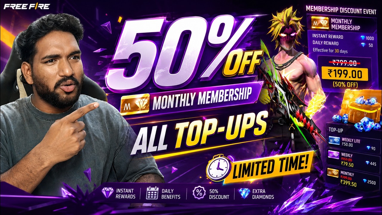 🔥50% OFF MONTHLY MEMBESHIP 💯+ ALL FF TOPUP 50% OFF DISCOUNT 🤫 LIMITED TIME TRICK 🥳 TELUGU PROS ✅