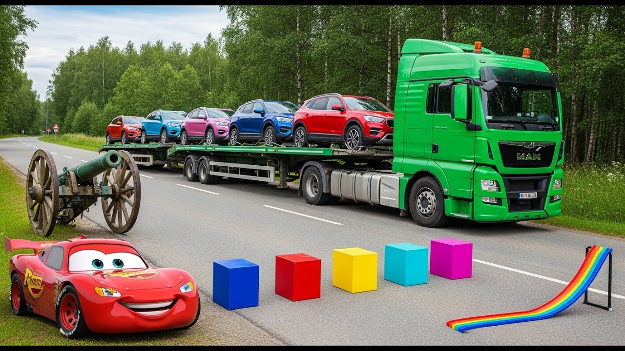 Triple Flatbed Trailer McQueen Transportation with Truck - Speedbumps vs Cars vs Train - BeamNG.