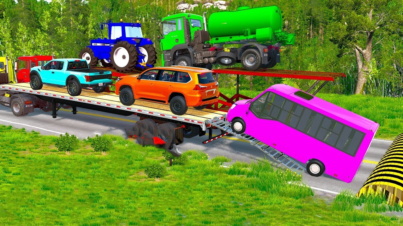 Flatbed Truck Mcqueen  Transportation with Truck   Pothole vs Car and train crash