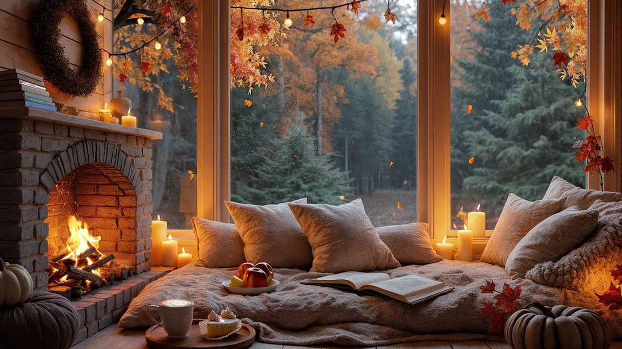 ☕🍁 Autumn Cabin Vibes | Fireplace Crackle, Falling Leaves & Sweet Treats 🍰Ambience for Relax & Study