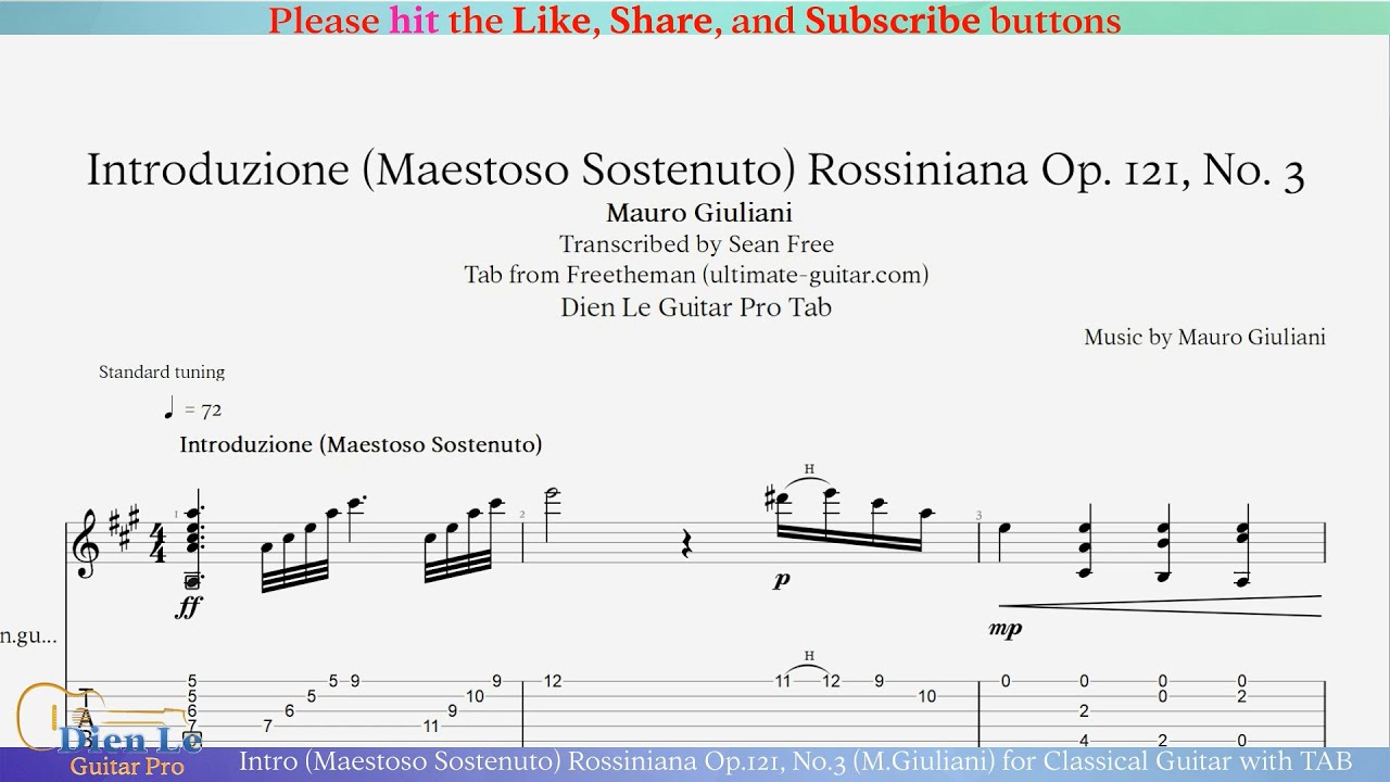 Intro (Maestoso Sostenuto) Rossiniana Op.121, No.3 (M.Giuliani) for Classical Guitar with TAB