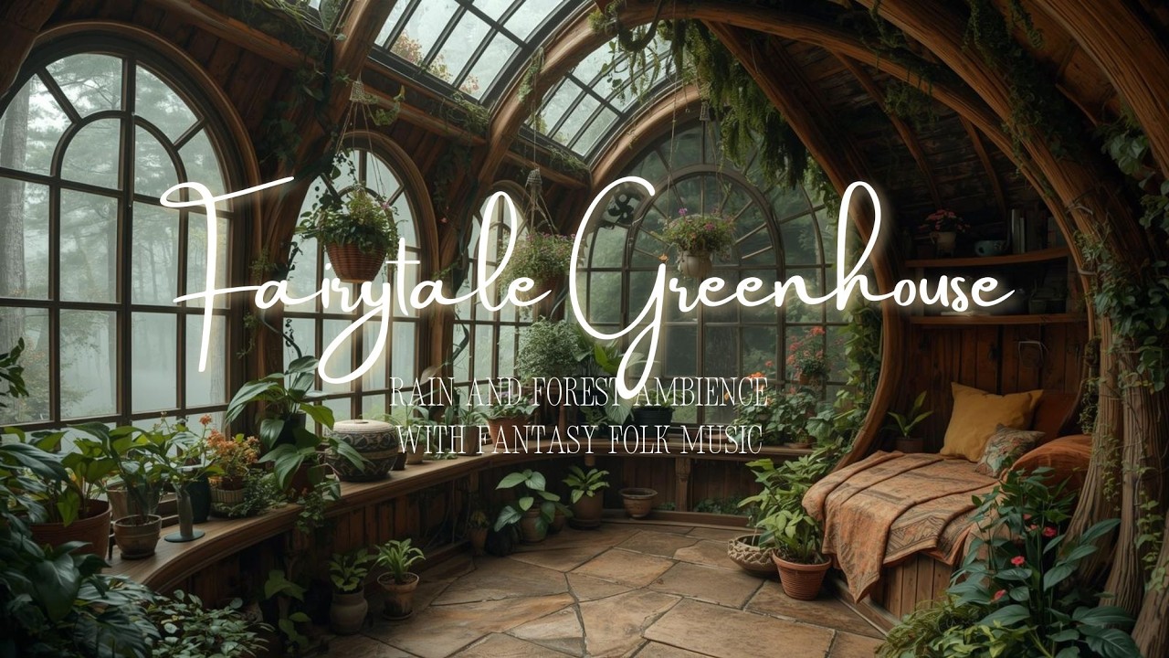 Cozy Greenhouse in the Rain 🌿 Relaxing Fantasy Ambience | With Fantasy Folk Music